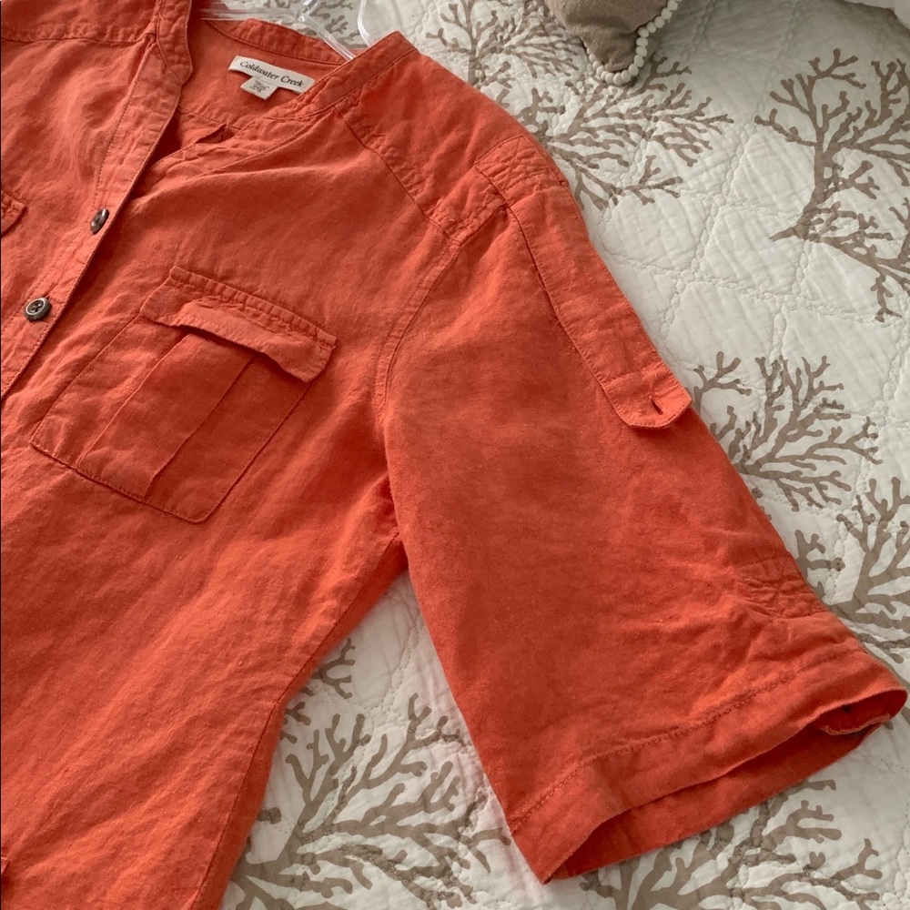 100% Linen Coldwater Creek Peachy Orange (M) Tunic Button Up Sleeves Casual